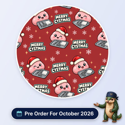 Merry Cystmas scrub cap print: smiling cysts in Santa hats beside instrument trays with snowflakes on red, with a Pre Order For October 2026 badge