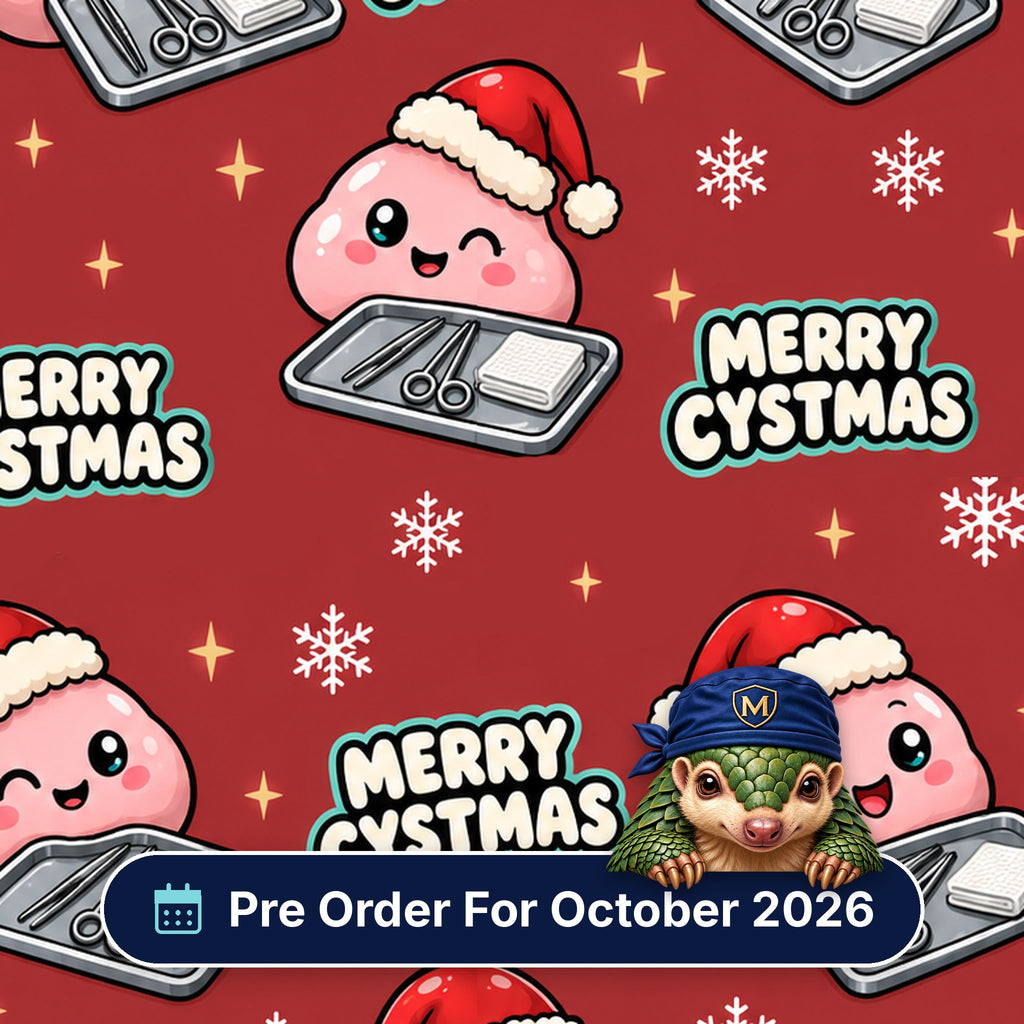 Merry Cystmas scrub cap print: smiling cysts in Santa hats beside instrument trays with snowflakes on red, with a Pre Order For October 2026 badge