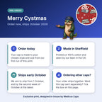 How pre-order works for the Merry Cystmas scrub cap: order today, made in Sheffield, ships early October 2026
