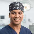 Military Camouflage Black scrub cap shown on male model