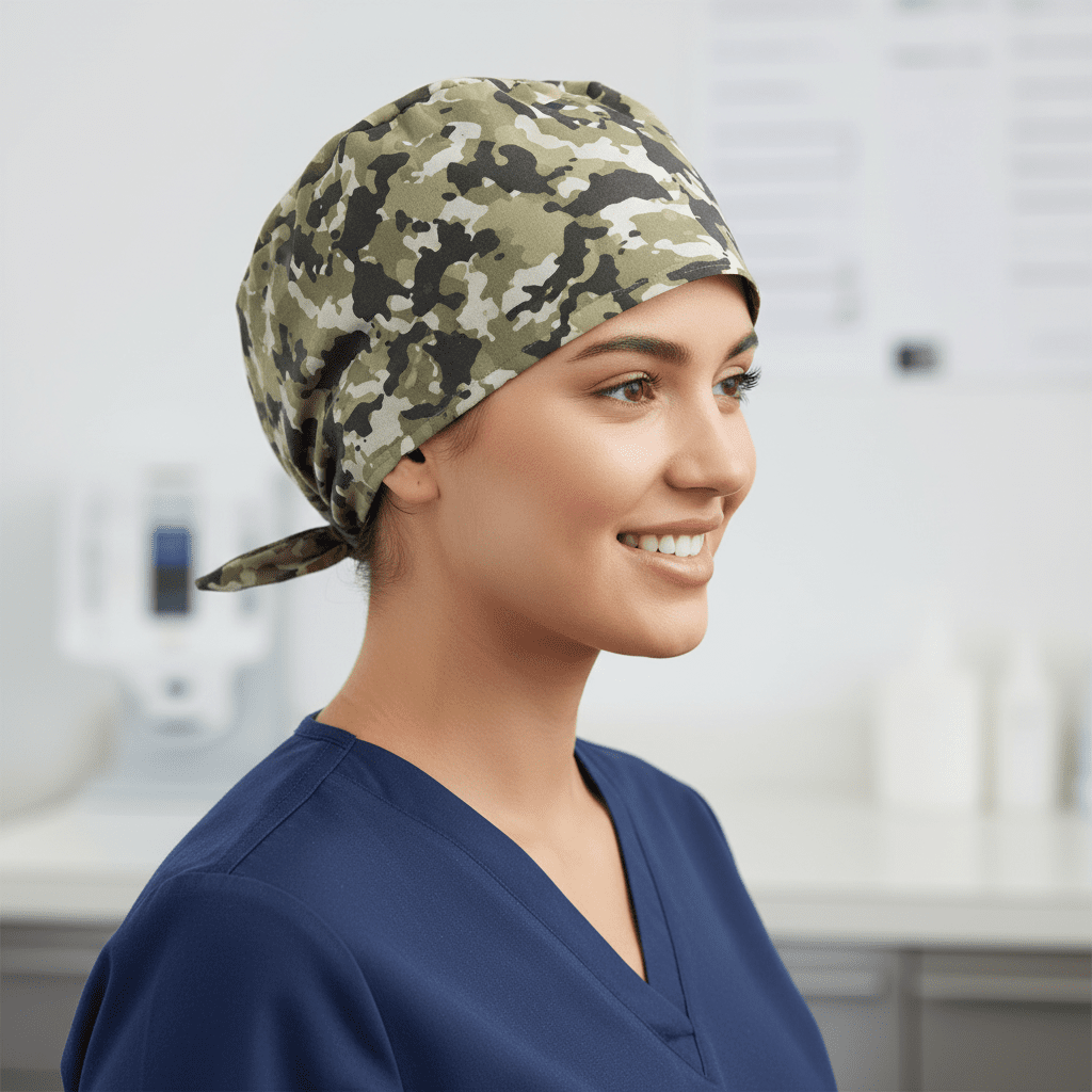 Military Camouflage Desert Olive Green scrub cap shown on female model