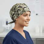 Military Camouflage Desert Olive Green scrub cap shown on female model