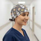 Christmas Milk + Cookies Grey scrub cap shown on female model