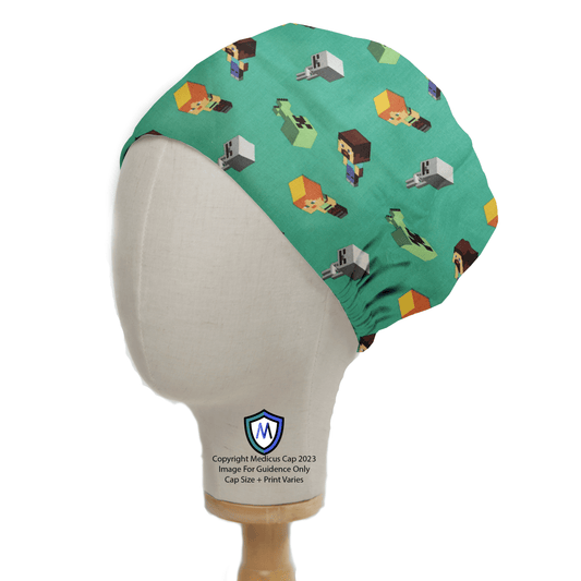 A mannequin displays the green Minecraft Characters Scrub Cap by Medicus Scrub Caps, featuring vibrant pixelated characters and animals. With an elastic back for comfort and a small logo, this eco-friendly cap blends style with sustainability.