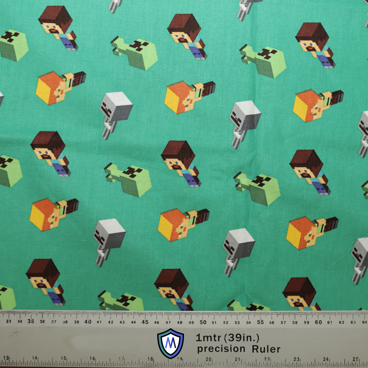 The Minecraft Characters Scrub Cap by Medicus Scrub Caps features green fabric adorned with blocky video game-like designs of square-headed figures, some sporting outfits. It includes a ruler for measurements in inches and centimeters, making it an eco-friendly choice.