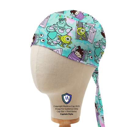 A mannequin displays the Medicus Scrub Caps Monsters inc Cartoon Kawaii Scrub Cap, showcasing its playful design with large-eyed monsters on a light blue background. A small shield logo and text are visible.