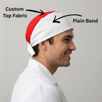 White scrub cap with red curved stripe custom printed mullet design