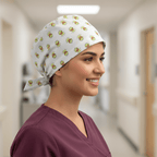 White scrub cap with green Kermit the Frog pattern worn by smiling healthcare worker