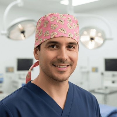 Muppets Miss Piggy Toss scrub cap shown on model