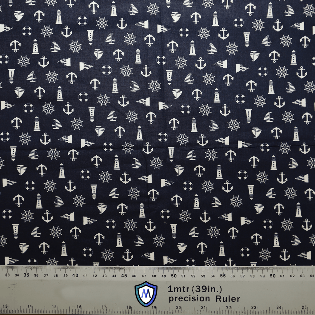 Nautical Ships Lighthouses On Navy Scrub Caps by Medicus Scrub Caps feature a nautical pattern with white anchors, ship wheels, lighthouses, and buoys on navy blue fabric. Ideal for eco-friendly crafting. A 1-meter (39-inch) precision ruler is shown at the bottom for scale.