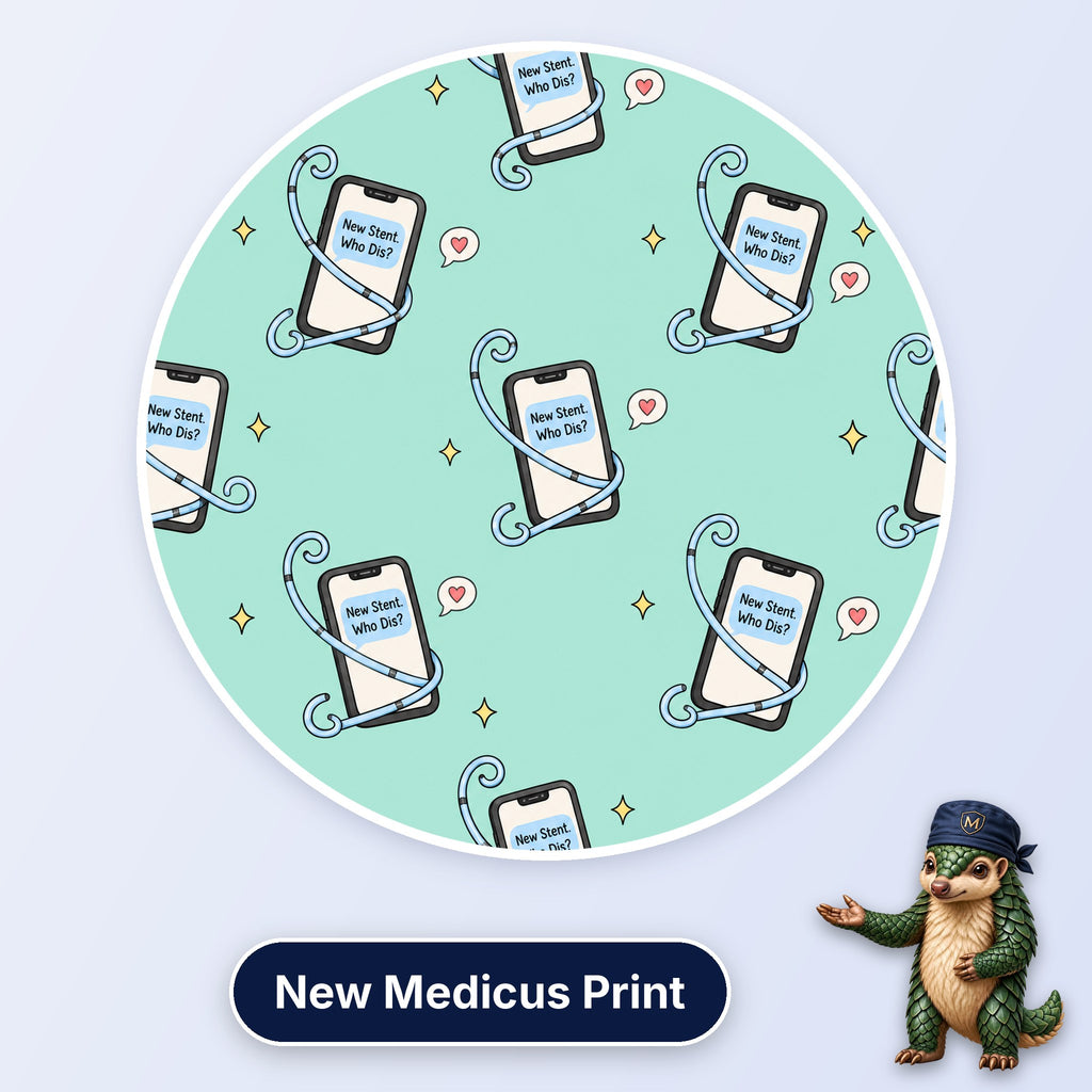 New Stent Who Dis scrub cap print: smartphones reading New Stent Who Dis wrapped in stents with heart messages on mint