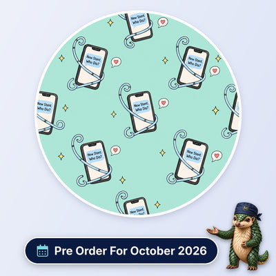 New Stent Who Dis scrub cap print: smartphones reading New Stent Who Dis wrapped in stents with heart messages on mint, with a Pre Order For October 2026 badge
