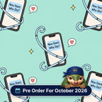 New Stent Who Dis scrub cap print: smartphones reading New Stent Who Dis wrapped in stents with heart messages on mint, with a Pre Order For October 2026 badge