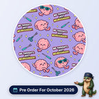 No Thoughts Just Neurosurgery scrub cap print: relaxed pink brains in sunglasses with scalpels and forceps on lilac, with a Pre Order For October 2026 badge