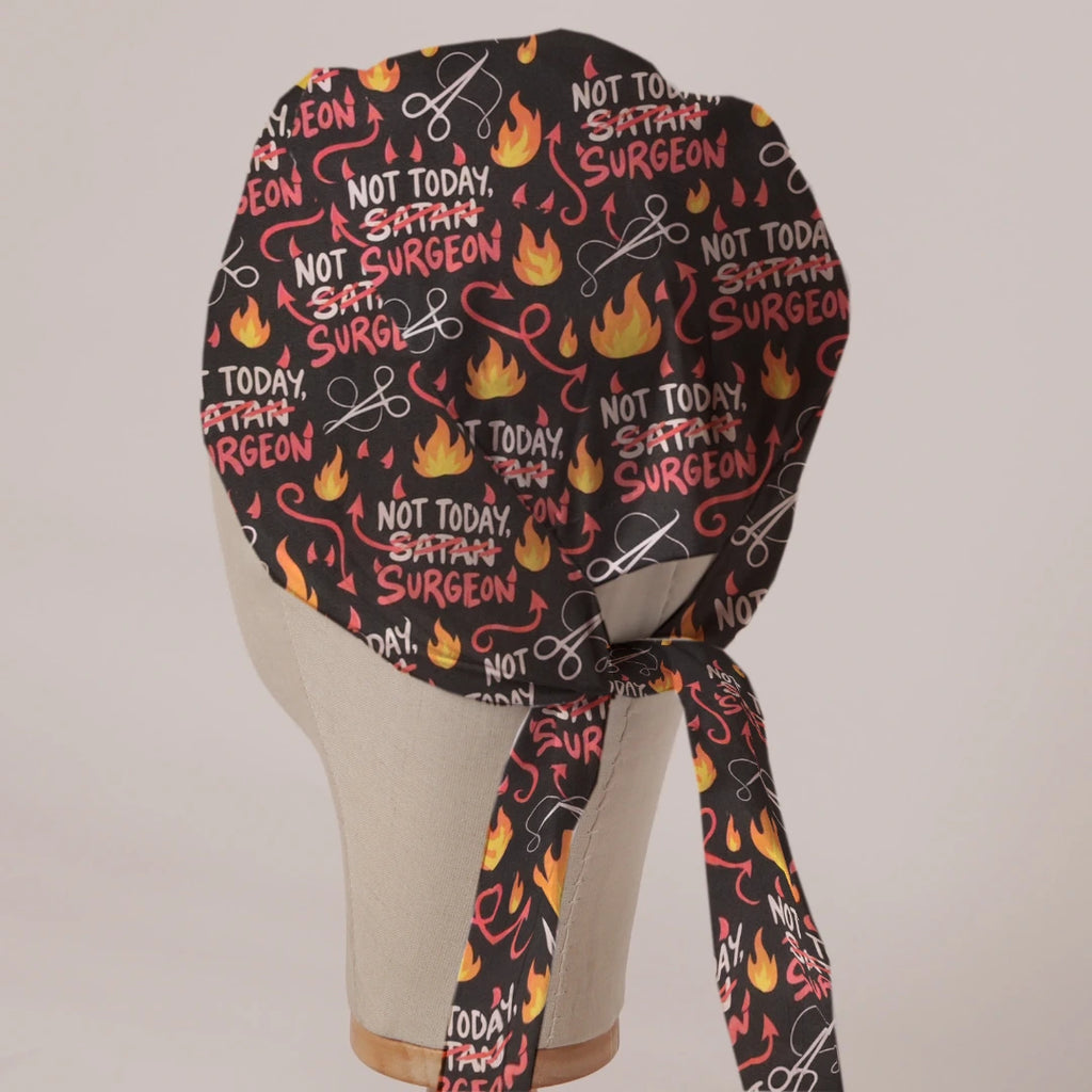 Not Today Surgeon scrub cap in Bandana tie-back style on mannequin head, back view with ties