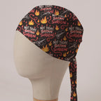 Not Today Surgeon scrub cap: Not Today, Satan crossed out for Surgeon, with flames and scissors on black