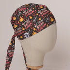 Not Today Surgeon scrub cap in Bandana tie-back style on mannequin head, front right view with the Medicus label