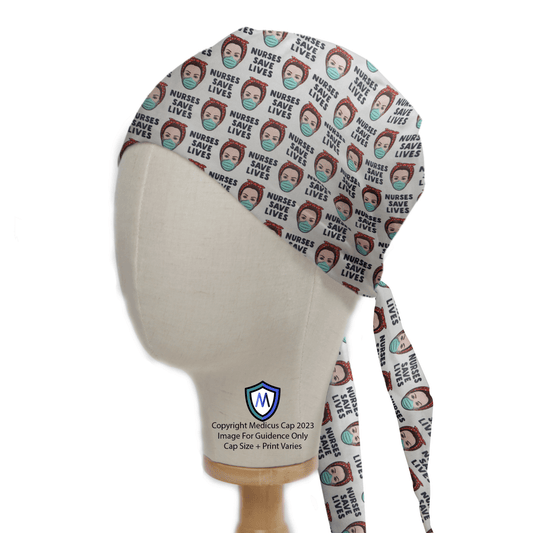 The mannequin head features a Nurses Save Lives Scrub Cap by Medicus Scrub Caps, celebrating healthcare professionals with its colorful, repetitive graphics and charming nurse illustrations.