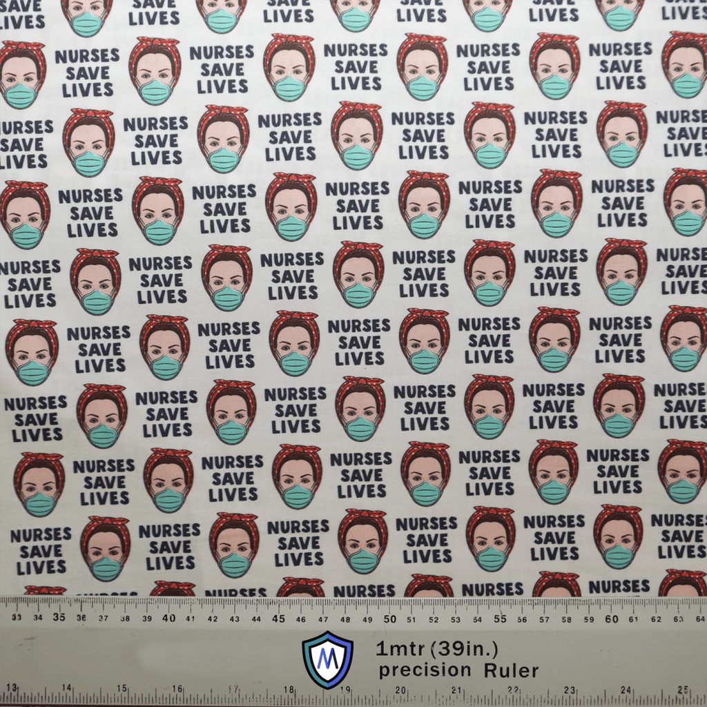 The fabric of the Medicus Scrub Caps product, Nurses Save Lives Scrub Cap, showcases a repeating design featuring nurses faces, some with masks and scrub caps, with NURSES SAVE LIVES text in black. A precision ruler at the bottom measures 1 meter (39 inches).