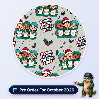 O Come All Ye Theatre Staff scrub cap print: theatre staff in Santa hats singing carols from theatre lists with holly on pale grey, with a Pre Order For October 2026 badge