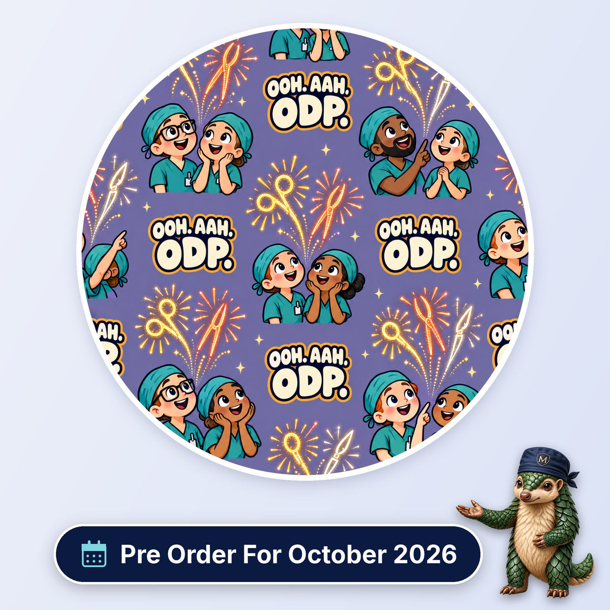 Ooh Aah ODP scrub cap print: theatre staff watching fireworks made from surgical instruments on purple, with a Pre Order For October 2026 badge
