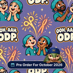 Ooh Aah ODP scrub cap print: theatre staff watching fireworks made from surgical instruments on purple, with a Pre Order For October 2026 badge
