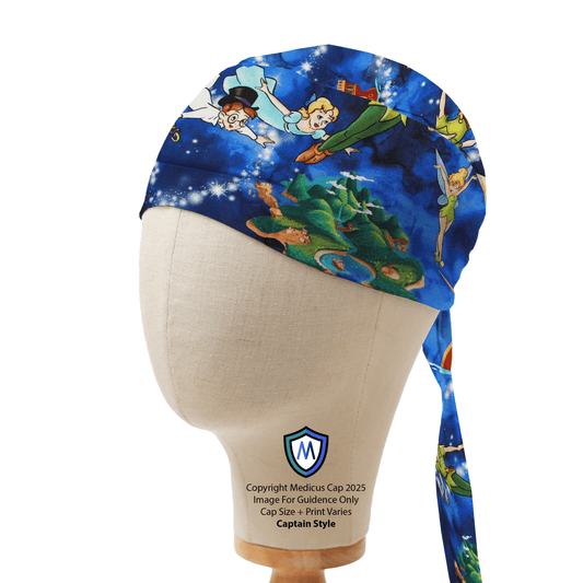 The Medicus Scrub Caps mannequin showcases a Peter Pan Scrub Cap crafted from hypoallergenic cotton in a captain style with a tied back. The blue cap features whimsical flying character illustrations and stars, offering a magical touch.