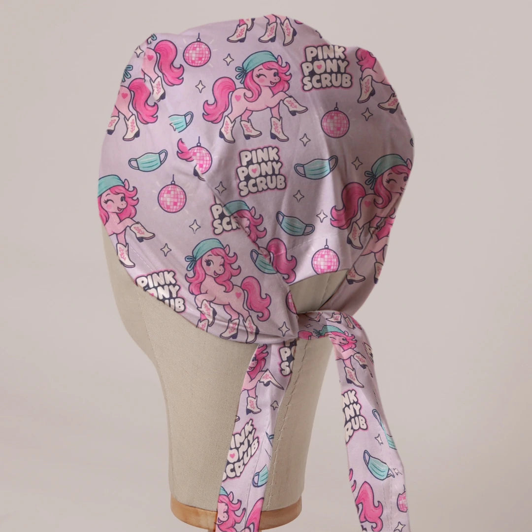 Pink Pony Scrub scrub cap in Bandana tie-back style on mannequin head, back view with ties