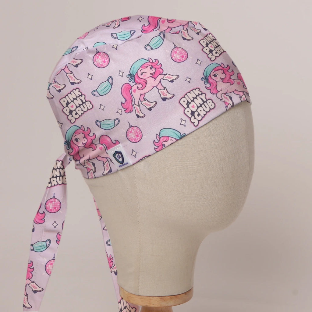 Pink Pony Scrub scrub cap in Bandana tie-back style on mannequin head, front right view with the Medicus label