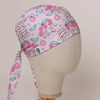 Pink Pony Scrub scrub cap in Bandana tie-back style on mannequin head, front right view with the Medicus label
