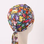 Back view of Pokemon scrub cap showing colorful character pattern with tie detail