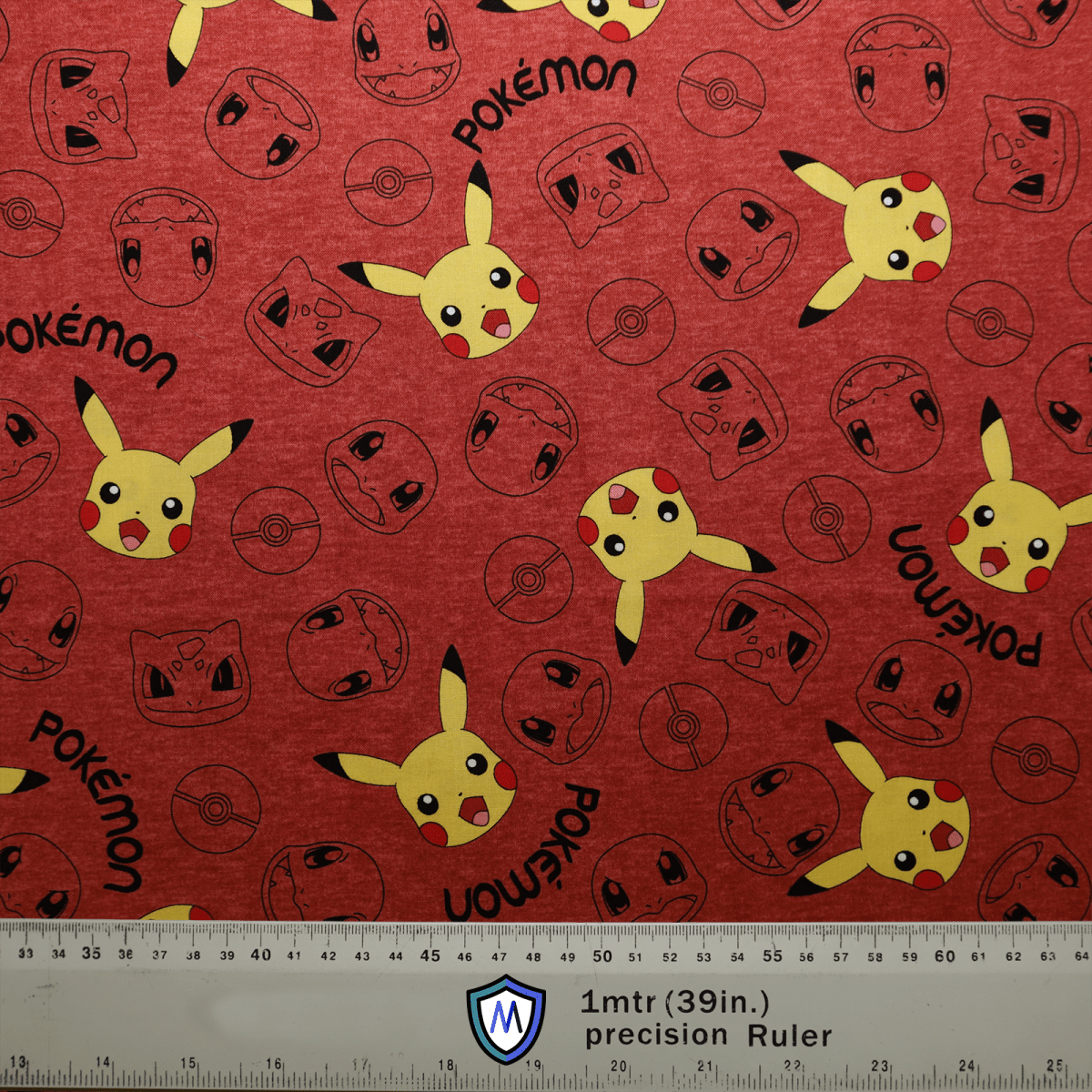 Medicus Scrub Caps offers the Pokemon Pikachu on Red Charmanda Bulbasur Squirtle scrub cap, featuring red fabric with yellow Pikachu faces, Poké Balls, and Pokémon in black. Perfect for medical attire, it includes a ruler with inch and meter measurements.