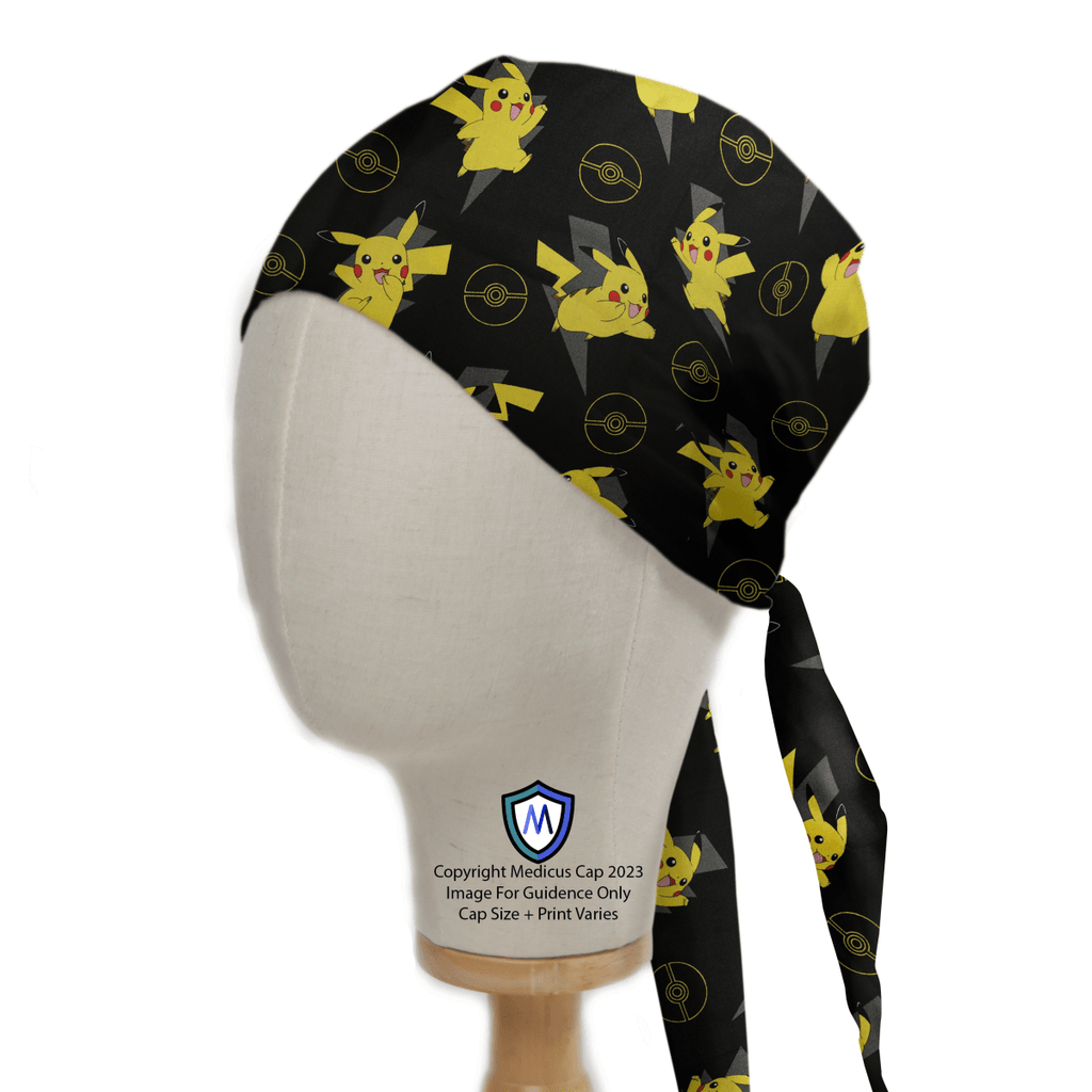 A mannequin head showcases a Medicus Scrub Caps Pokemon Pikachu Yellow On Black scrub cap featuring yellow cartoon creatures and circular symbols, adding a playful touch to healthcare attire. An attached tag and string allow for customization by professionals.