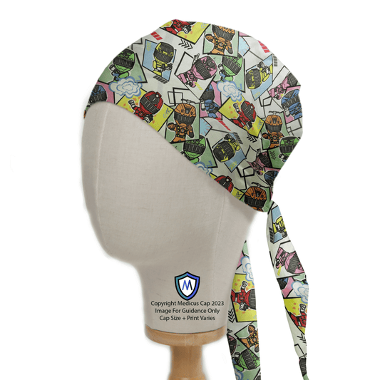 A mannequin displays a vibrant, reusable Power Rangers Scrub Cap by Medicus Scrub Caps. The cap, adorned with cartoon samurai figures on a white background and a small blue M shield logo, ties at the back and evokes an action-packed vibe.