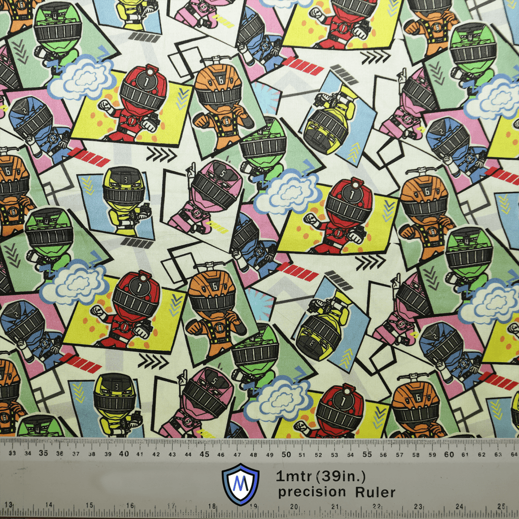 The patterned fabric on the Medicus Scrub Caps Power Rangers Scrub Cap showcases cartoon characters in colorful armor, striking dynamic poses. The background boasts vibrant geometric shapes with a scale ruler at the bottom showing 1 meter or 39 inches for reference.