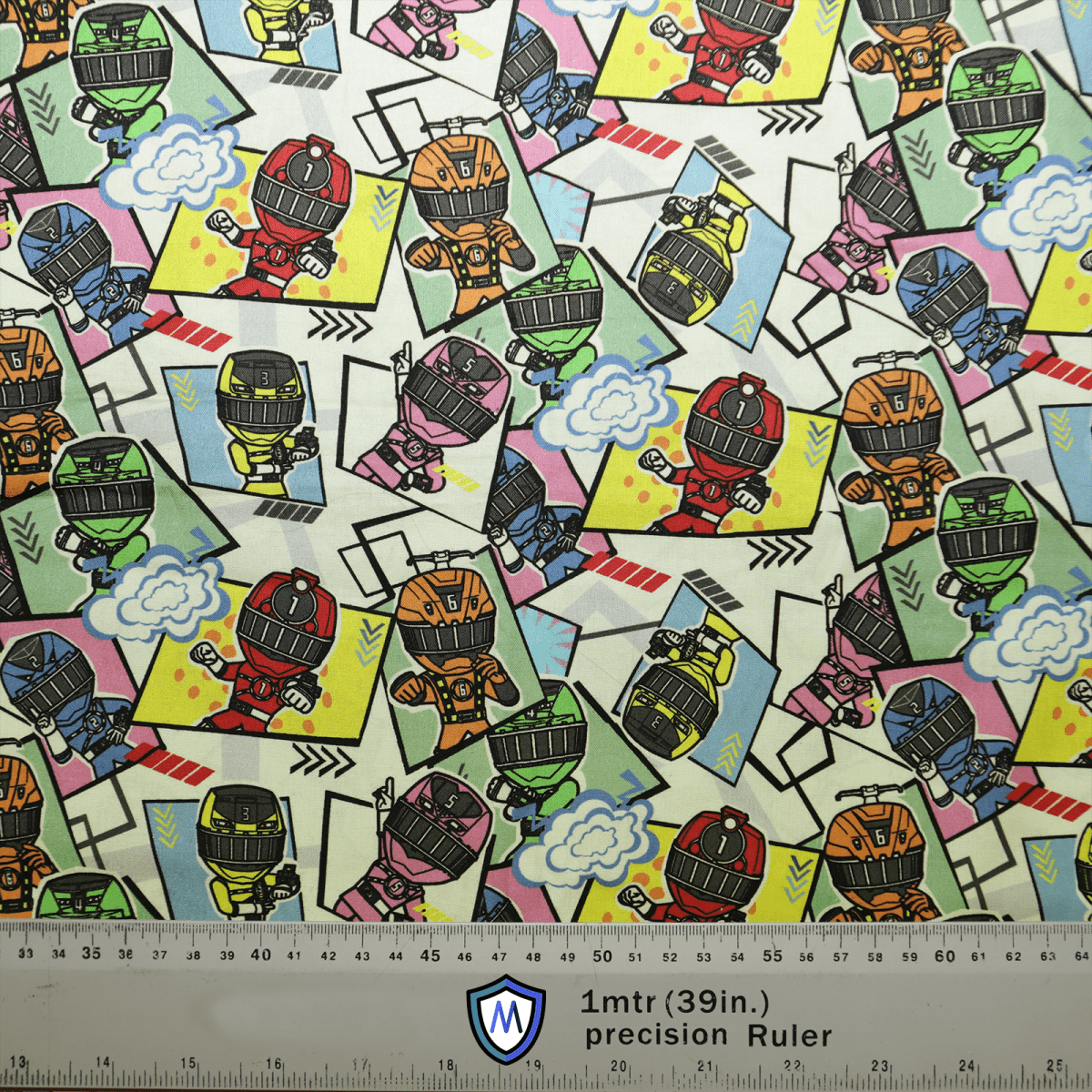 The patterned fabric on the Medicus Scrub Caps Power Rangers Scrub Cap showcases cartoon characters in colorful armor, striking dynamic poses. The background boasts vibrant geometric shapes with a scale ruler at the bottom showing 1 meter or 39 inches for reference.