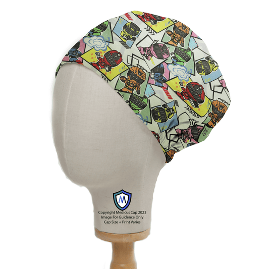 A mannequin head displays a colorful, customized Power Rangers Scrub Cap by Medicus Scrub Caps. Set against a plain white background, this cap combines style and protection. A small shield logo at the base adds a touch of charm.