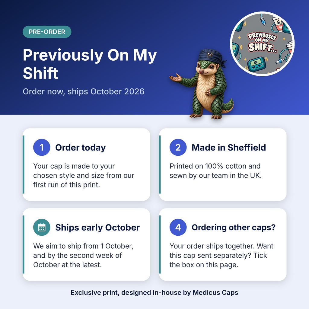 How pre-order works for the Previously On My Shift scrub cap: order today, made in Sheffield, ships early October 2026