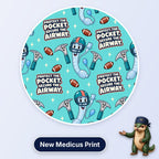 Protect The Pocket, Secure The Airway scrub cap print: ET tubes in football helmets with laryngoscopes and footballs on aqua