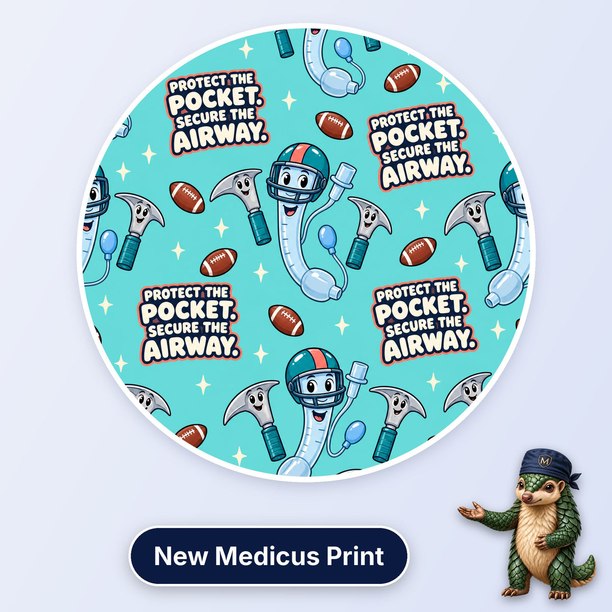 Protect The Pocket, Secure The Airway scrub cap print: ET tubes in football helmets with laryngoscopes and footballs on aqua