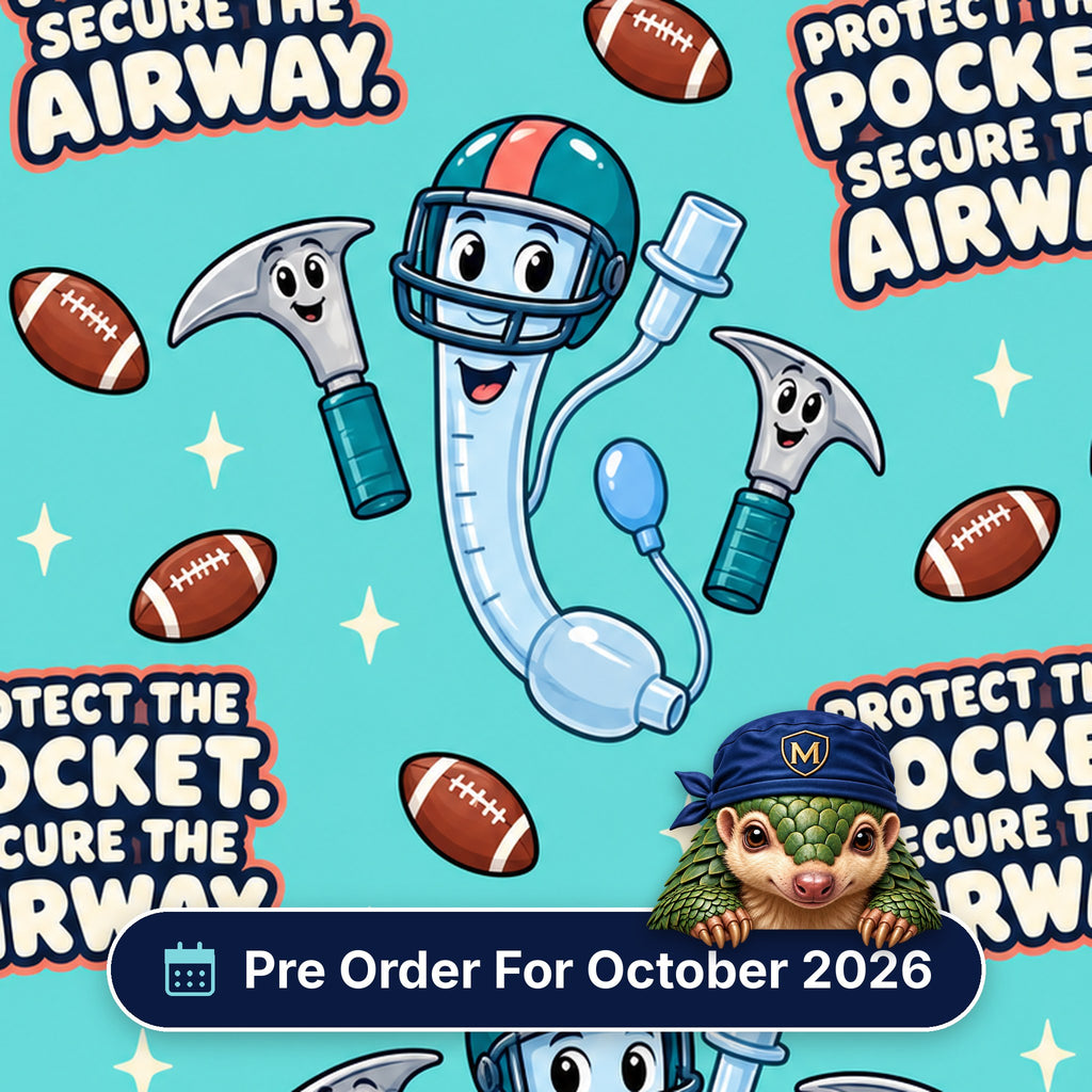 Protect The Pocket, Secure The Airway scrub cap print: ET tubes in football helmets with laryngoscopes and footballs on aqua, with a Pre Order For October 2026 badge
