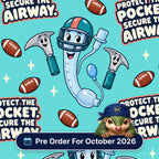 Protect The Pocket, Secure The Airway scrub cap print: ET tubes in football helmets with laryngoscopes and footballs on aqua, with a Pre Order For October 2026 badge