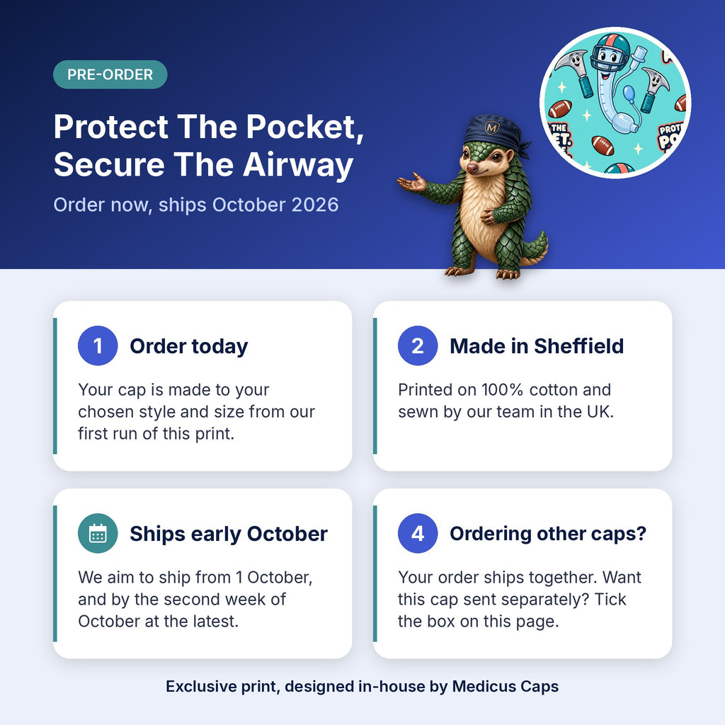 How pre-order works for the Protect The Pocket, Secure The Airway scrub cap: order today, made in Sheffield, ships early October 2026