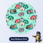 Red Light Green Light Scrub scrub cap print: theatre lights in red, green and white with smiling theatre staff on mint