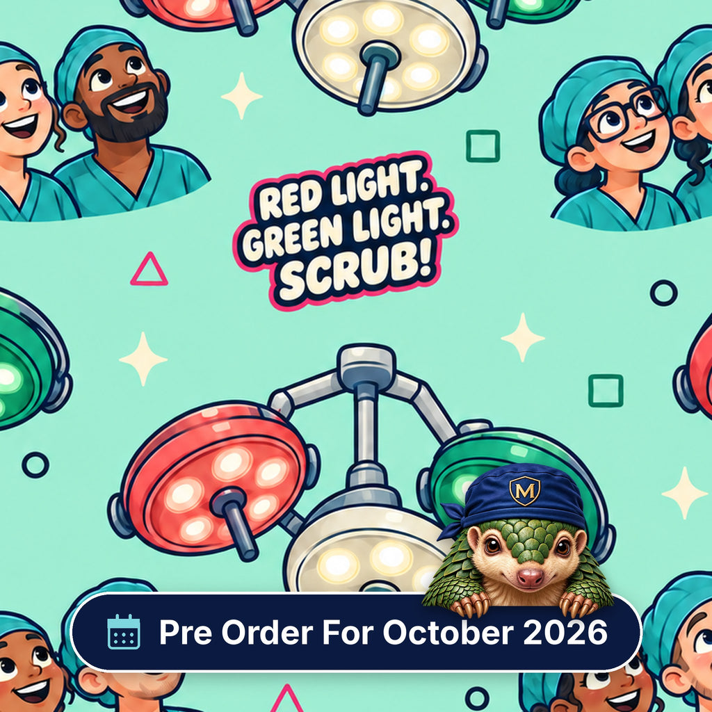 Red Light Green Light Scrub scrub cap print: theatre lights in red, green and white with smiling theatre staff on mint, with a Pre Order For October 2026 badge
