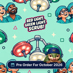Red Light Green Light Scrub scrub cap print: theatre lights in red, green and white with smiling theatre staff on mint, with a Pre Order For October 2026 badge