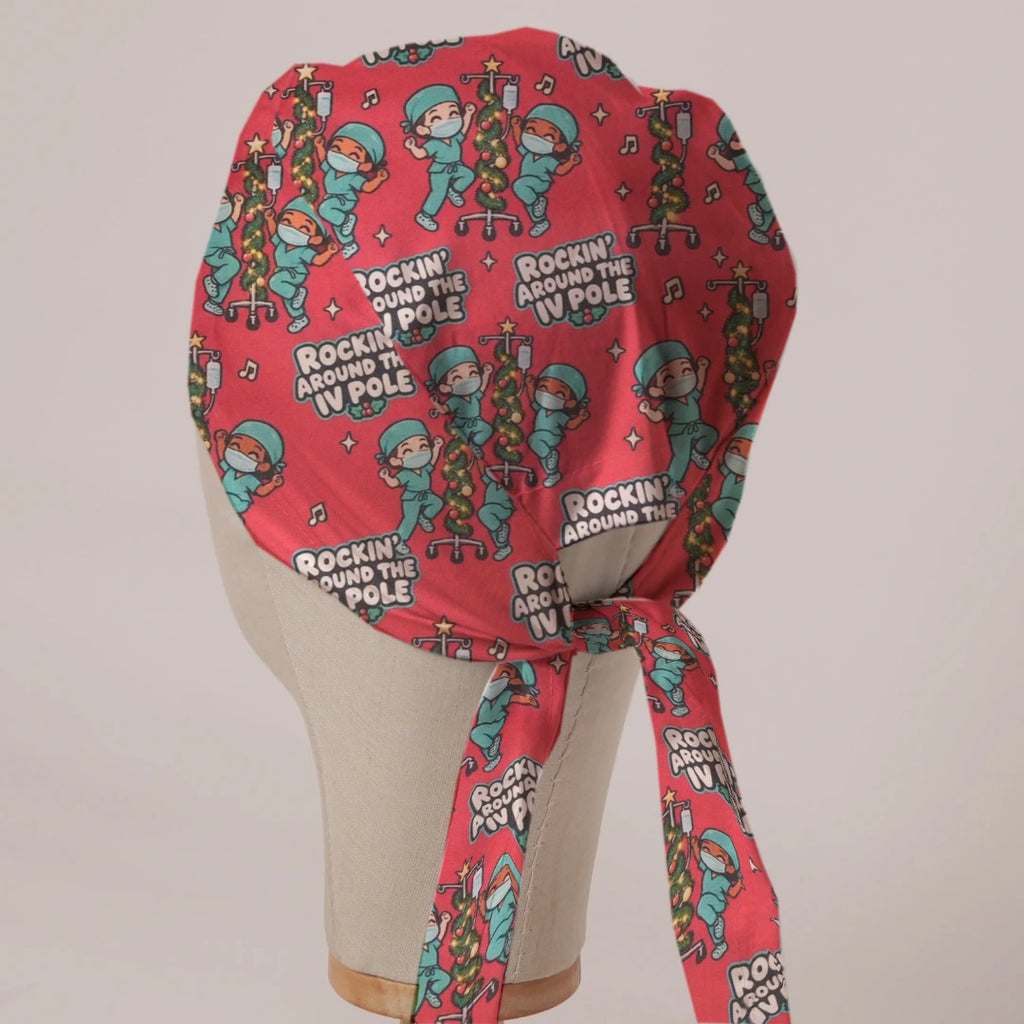 Rockin' Around The IV Pole scrub cap in Bandana tie-back style on mannequin head, back view with ties