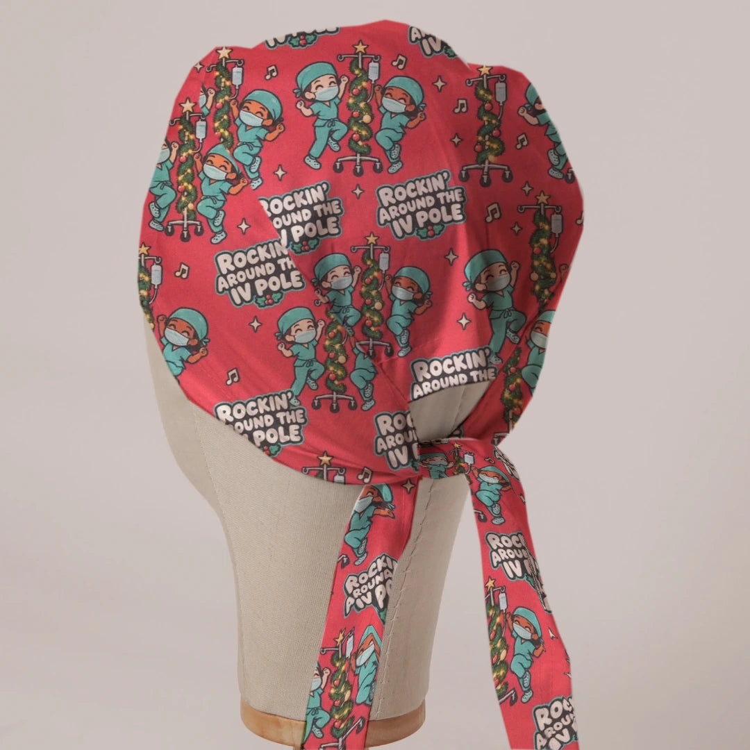 Rockin' Around The IV Pole scrub cap in Bandana tie-back style on mannequin head, back view with ties