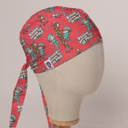 Rockin' Around The IV Pole scrub cap in Bandana tie-back style on mannequin head, front right view with the Medicus label