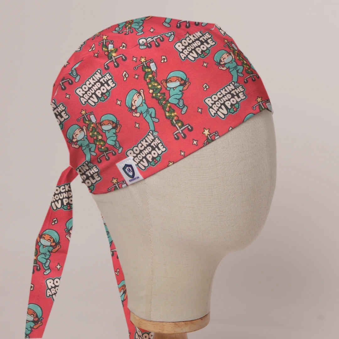 Rockin' Around The IV Pole scrub cap in Bandana tie-back style on mannequin head, front right view with the Medicus label